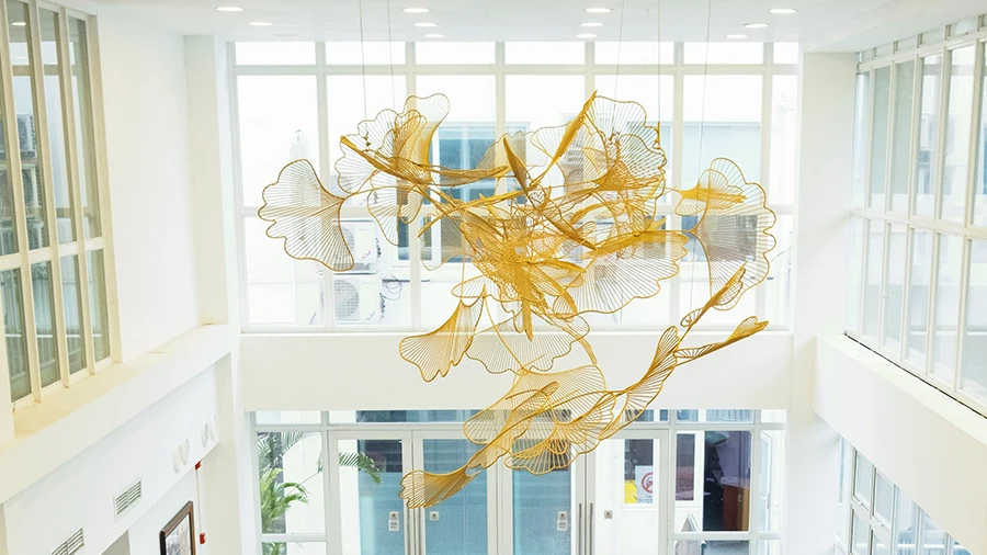 chengdu international school admissions department lobby has a beautiful hanging golden sculpture